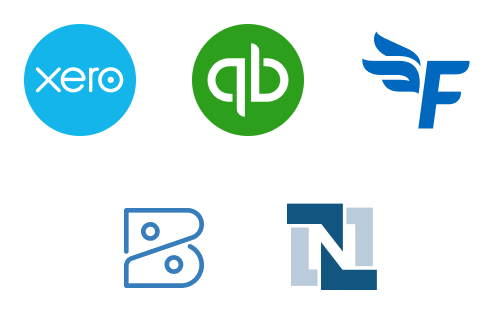 Mehrere Symbole, die die Logos verschiedener Buchhaltungsprogramme darstellen.