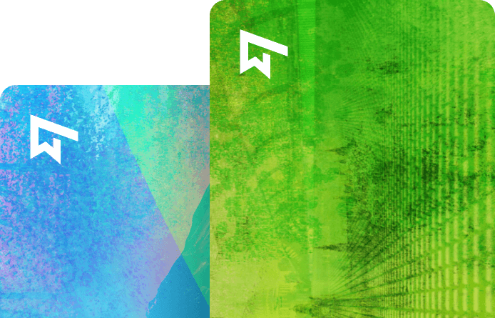 Two overlapping digital cards from Wise, with one card in blue and the other in green. Each card features the Wise logo in white text, positioned vertically.
